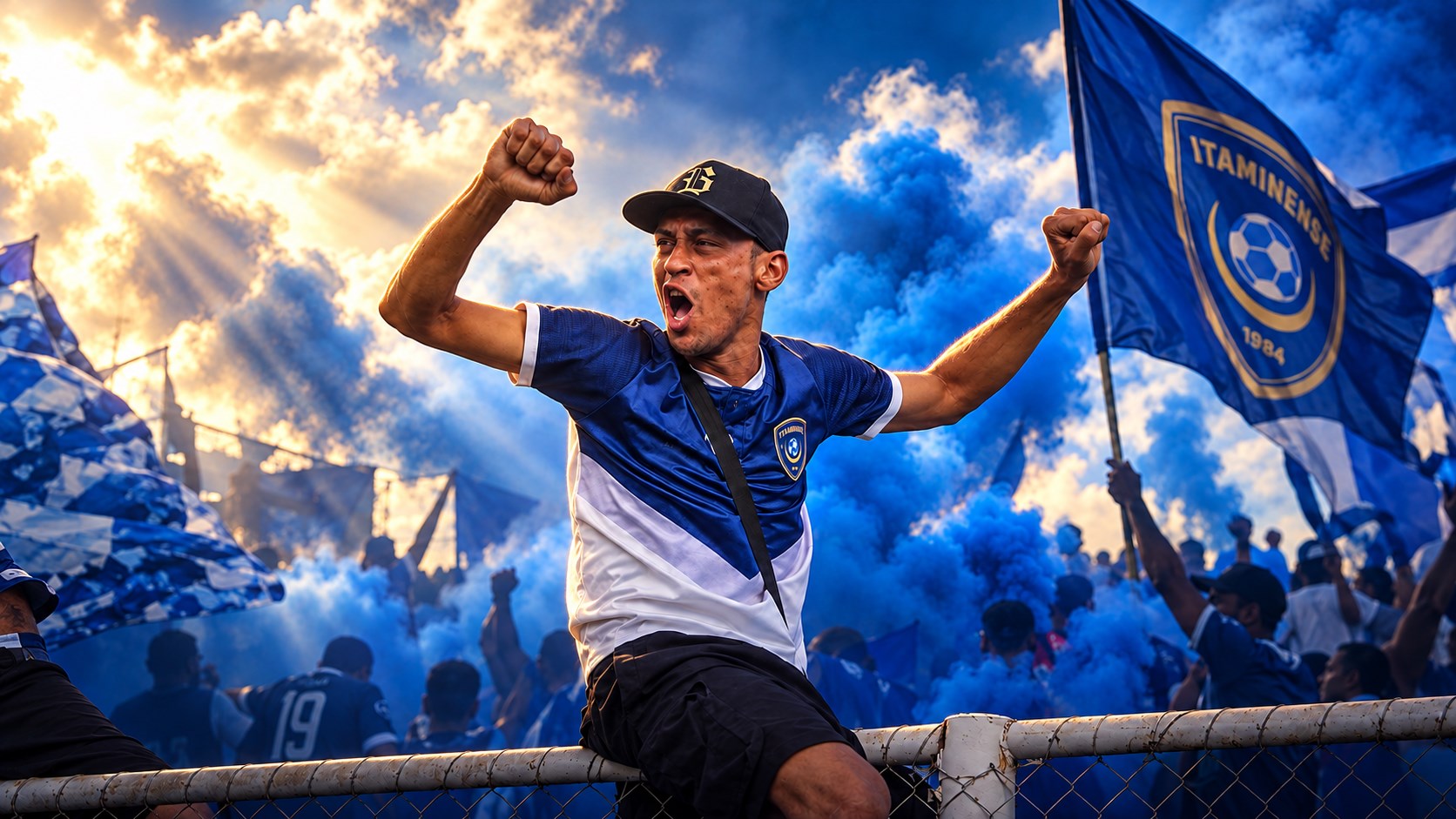 Torcedor do Itaminense celebrando entre bandeiras, fumaça azul e luz dourada